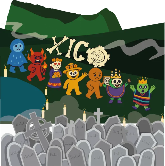 Los siete personajes caminan por el cerro de Xico, sobre el panteón y entre veladoras